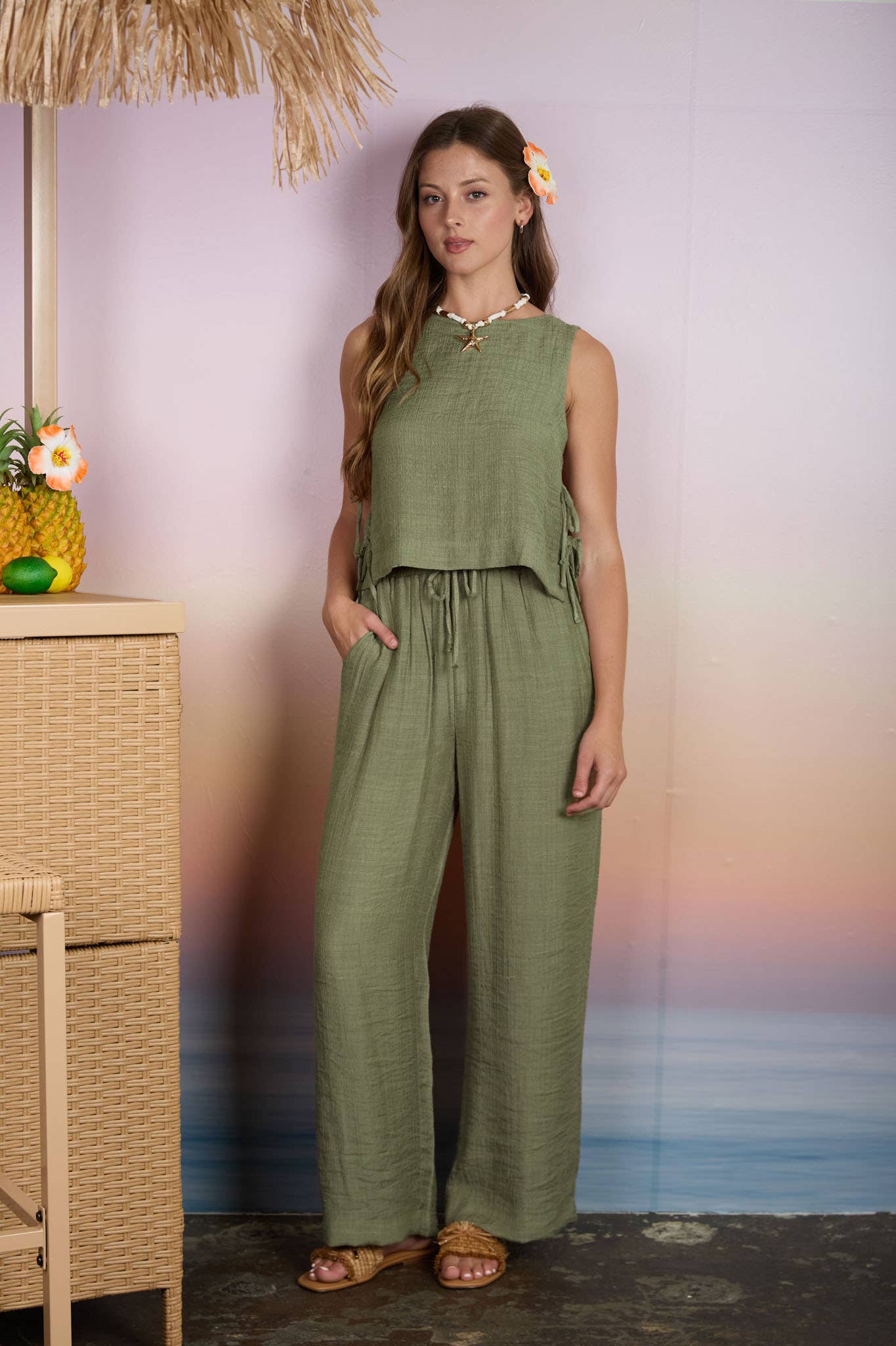 TEXTURED DRAWSTRING DETAIL WIDE LEG LOUNGE PANTS