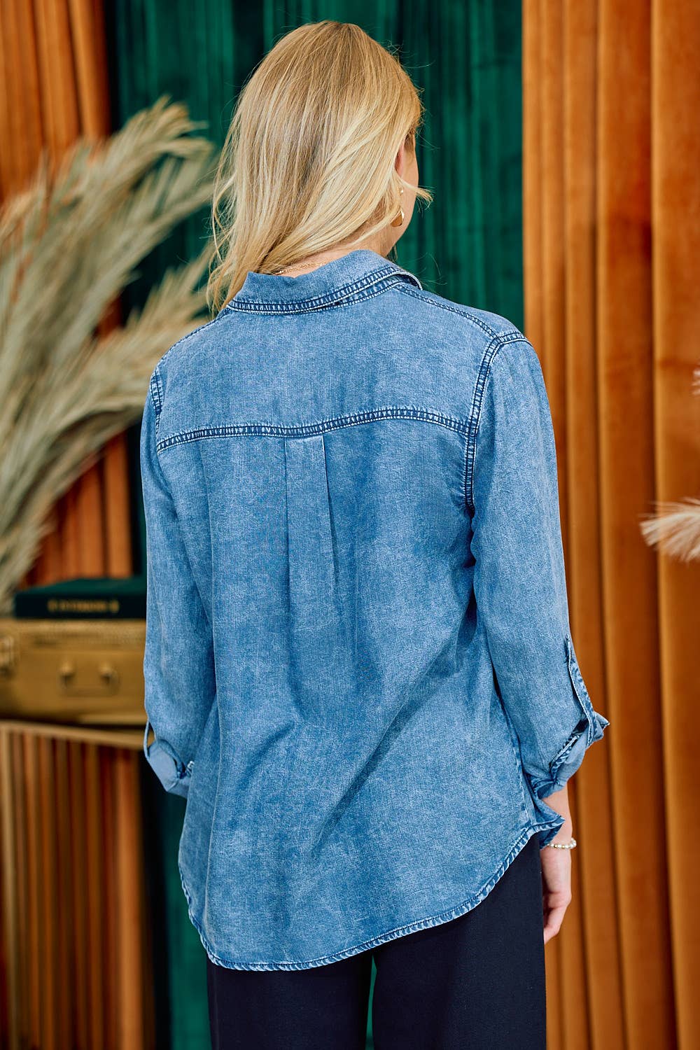 Light Denim Chambray Button Down Shirt With Roll up Sleeve Doe and Rae