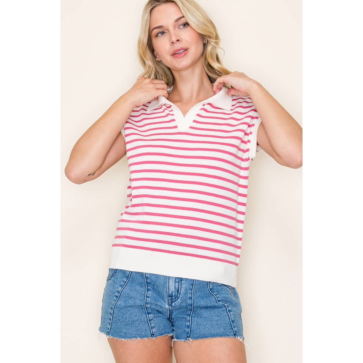 IVORY & PINK JOHNNY COLLAR POLO SWEATER TOP STACCATO