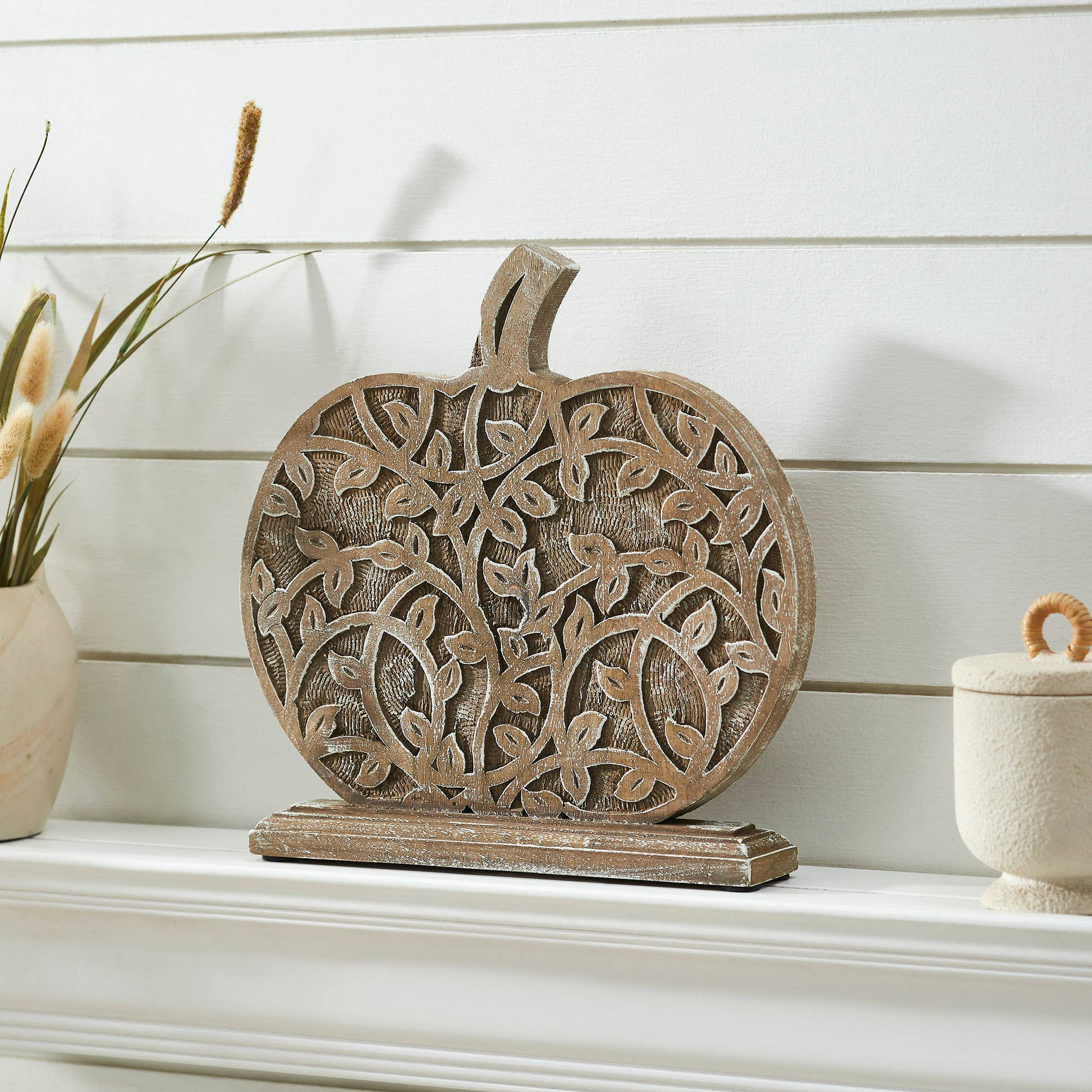 Harvest Vine Carved Wooden Pumpkin Rustic Natural Fall Tabletop Decor 12x11x2 Autumn Accent