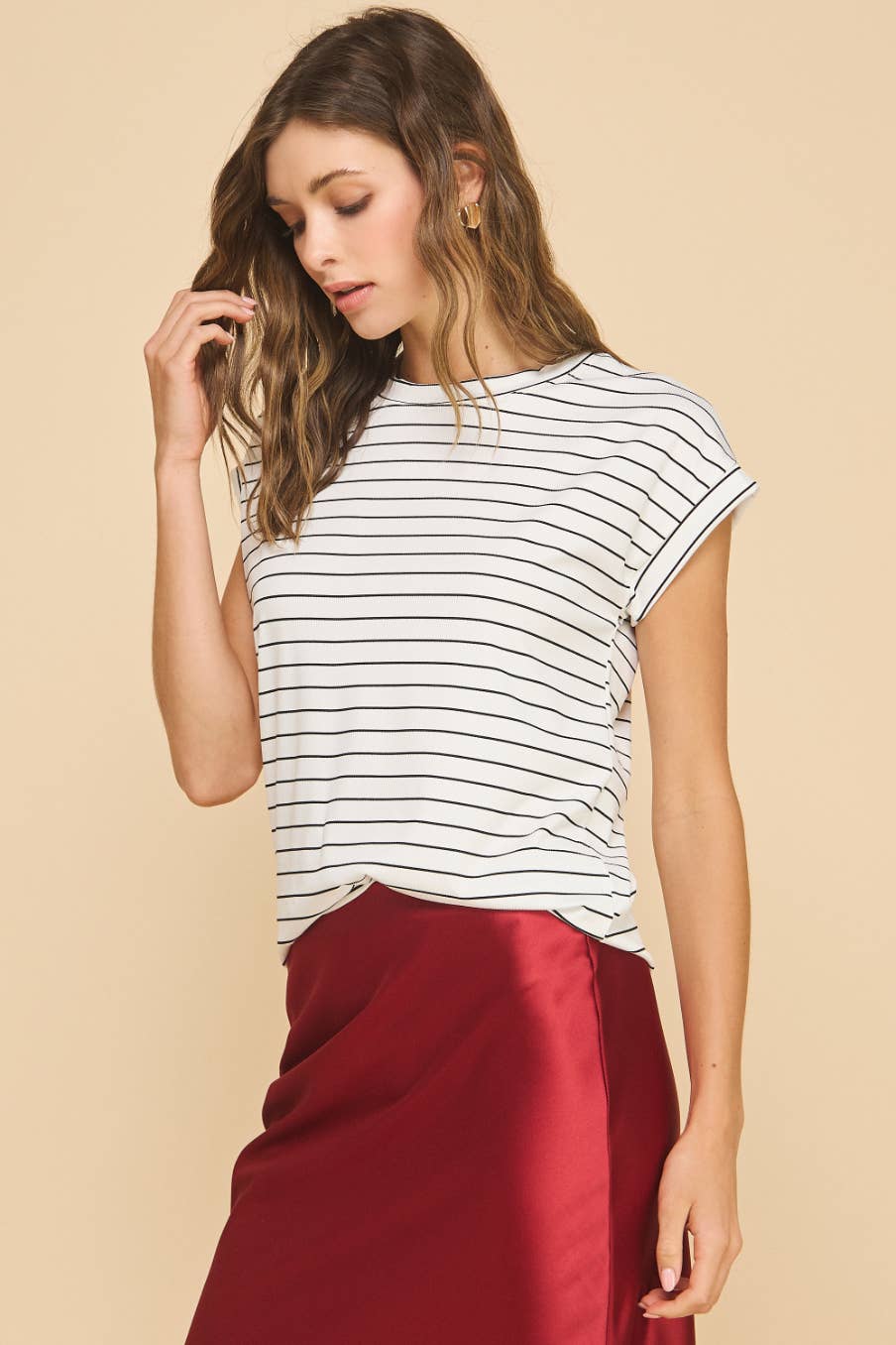 Amicis Kate T-shirt rib stripe cuffed crewneck made in USA model wearing size S