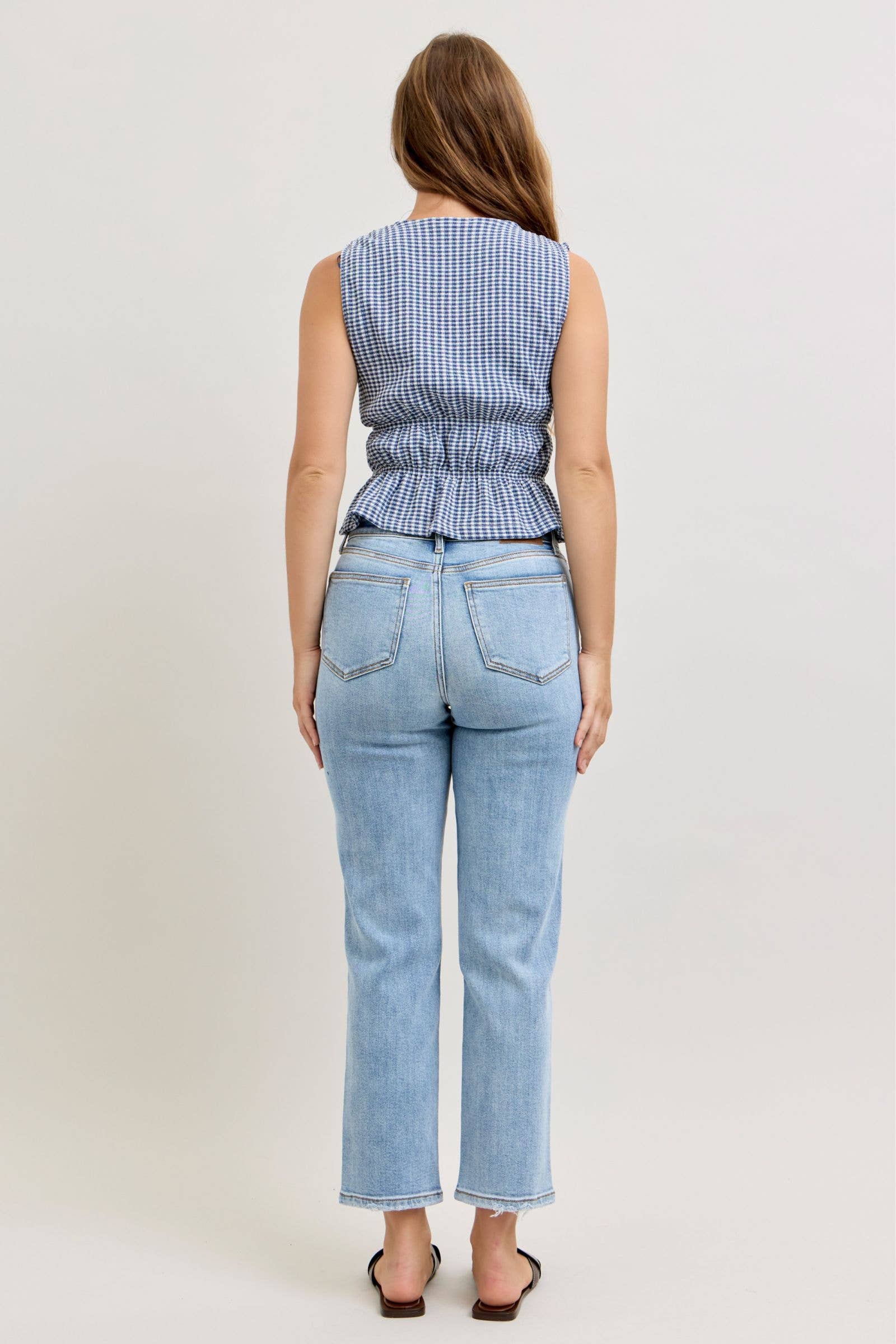 udy Blue High Waist Classic Light Wash Ankle Straight Jeans, Inseam 28"