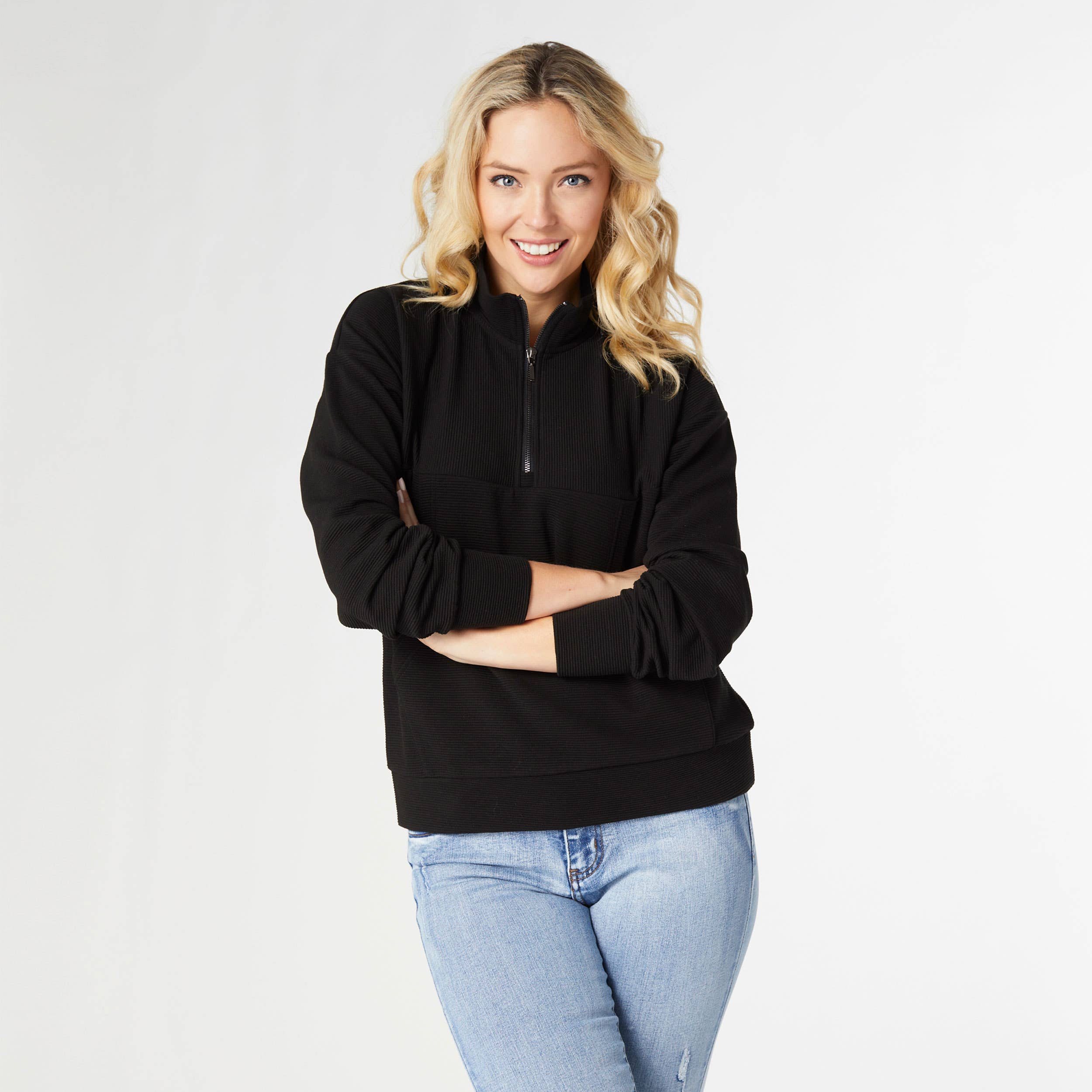 Half-Zip Pullover - Lyla Ribbed Top with Side Pockets | Long Sleeve