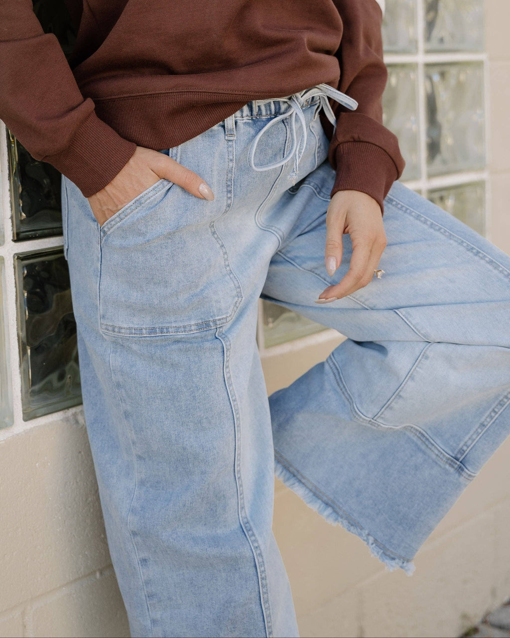 Beau Blue Cropped Jeans wide-leg raw hem women's denim trousers with drawstring waist