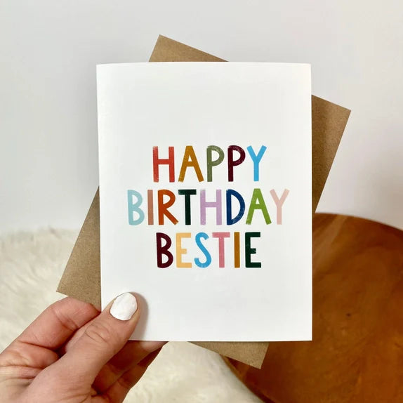 Big Mood Cards featuring colorful hand-drawn Happy Birthday Bestie text on premium matte cardstock with kraft envelope.