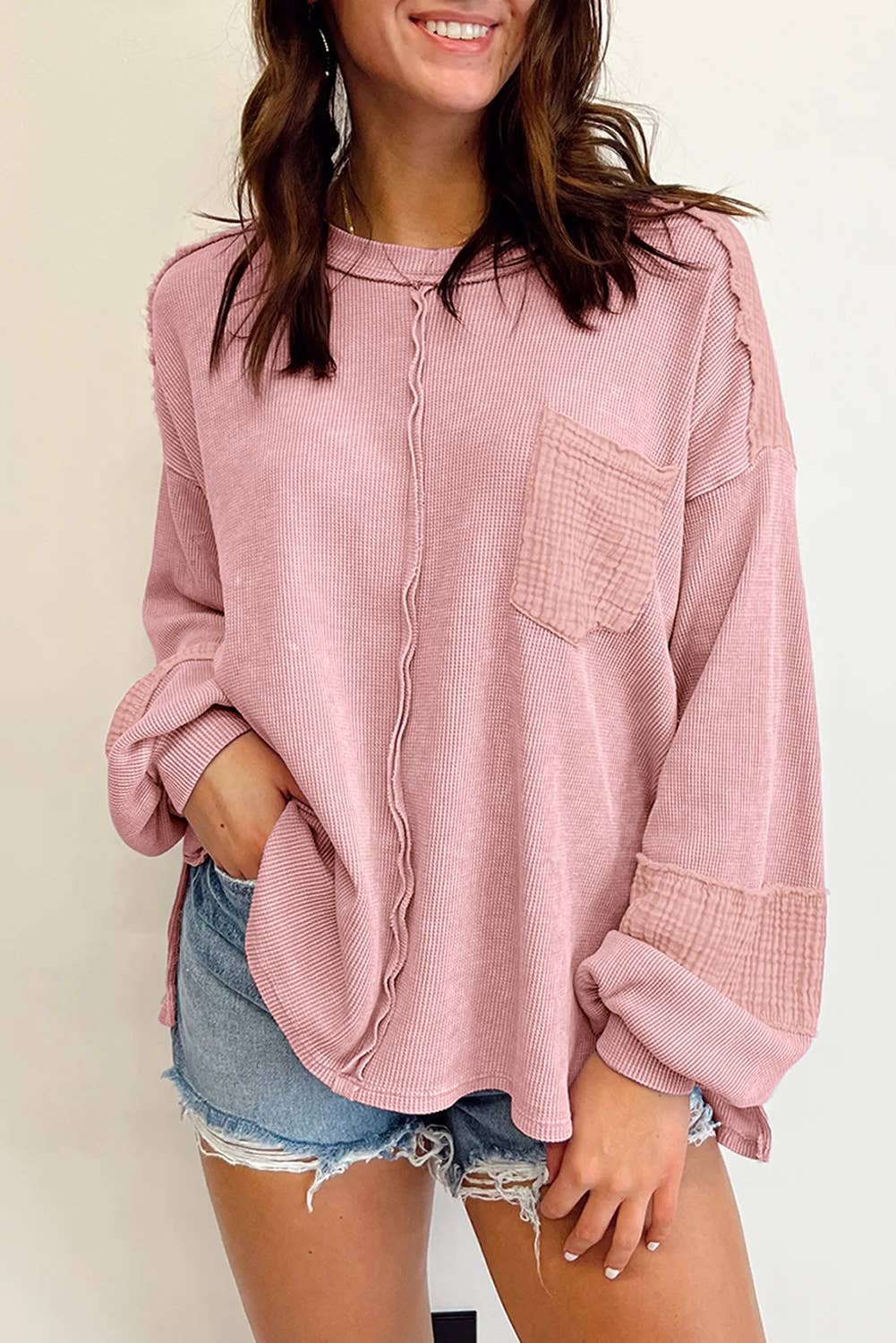 Pink Exposed Seam Patchwork Bubble Sleeve Waffle Knit Top Spring-Summer Lovesoft