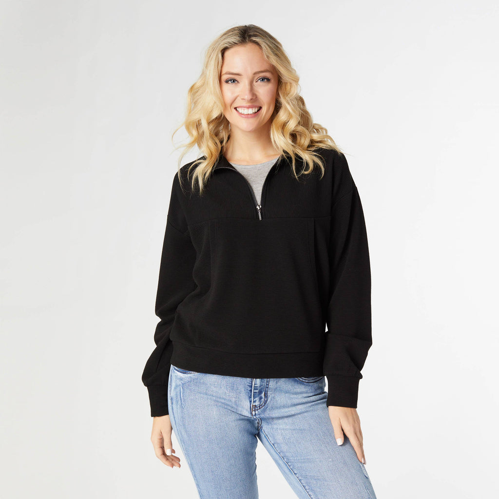 Half-Zip Pullover - Lyla Ribbed Top with Side Pockets | Long Sleeve