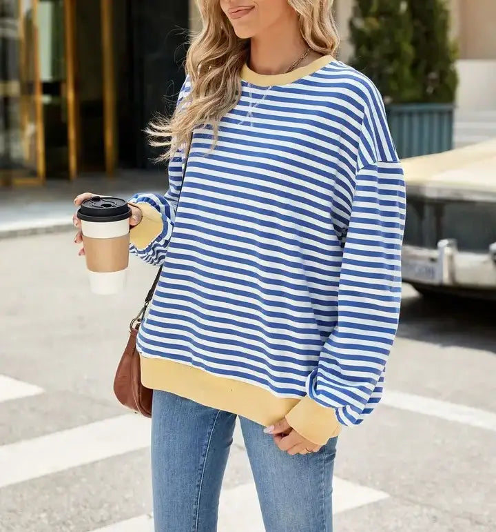 Striped Crew Neck Contrast Color Loose Long Sleeve Sweater