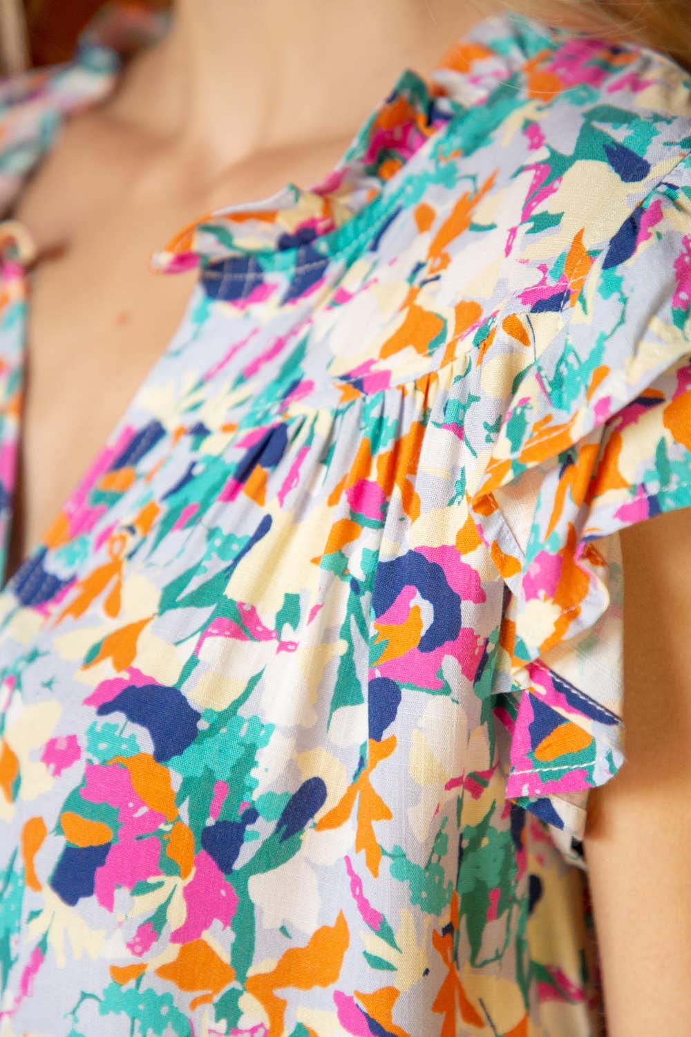 Ruffle Sleeve Stitch Detailed Neck Print Top Spring-Summer VOY