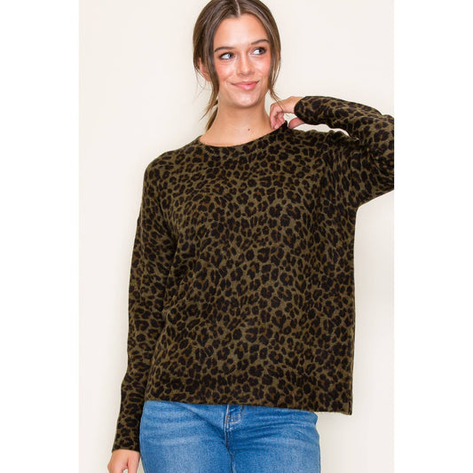 Olive Leopard Print Crew Neck Pullover Sweater Fall-Winter STACCATO