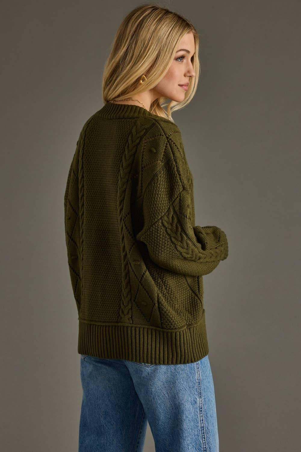 Button Up Cardigan - Olive Knit Cardigan with Front Button Closure