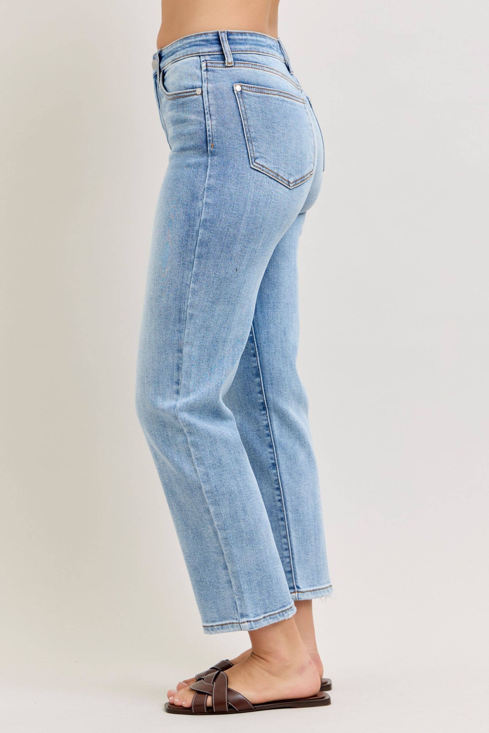 udy Blue High Waist Classic Light Wash Ankle Straight Jeans, Inseam 28"