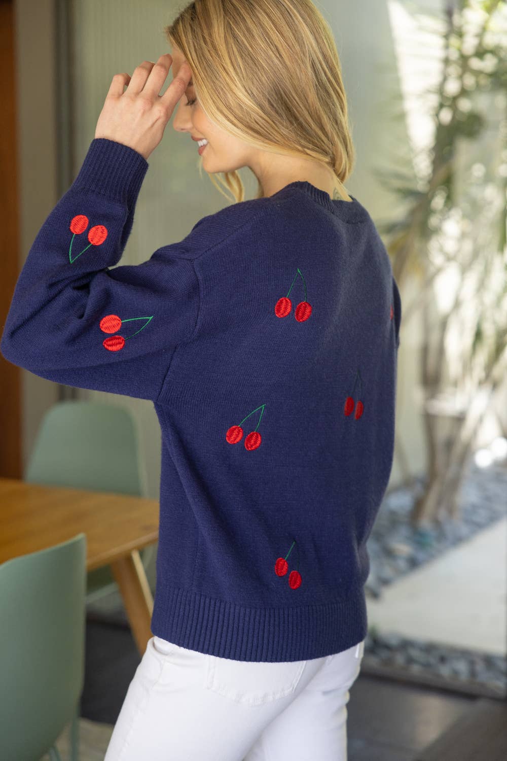 Navy with Cherry Embroidered Long Sleeve Sweater Fall-Winter VOY