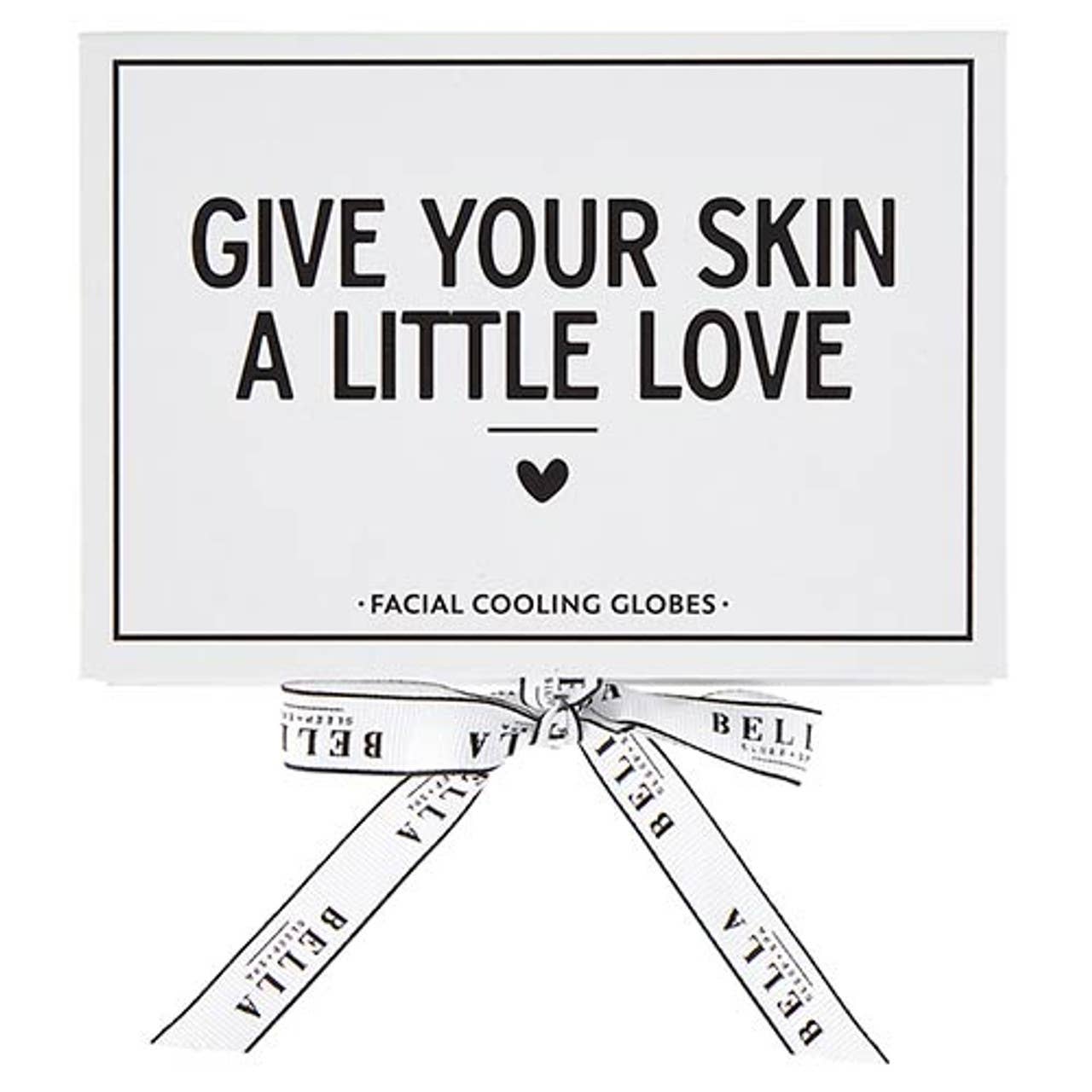 Box of Cooling Eye Globes with white background and black text "Give your skin a little love" tied with a white ribbon