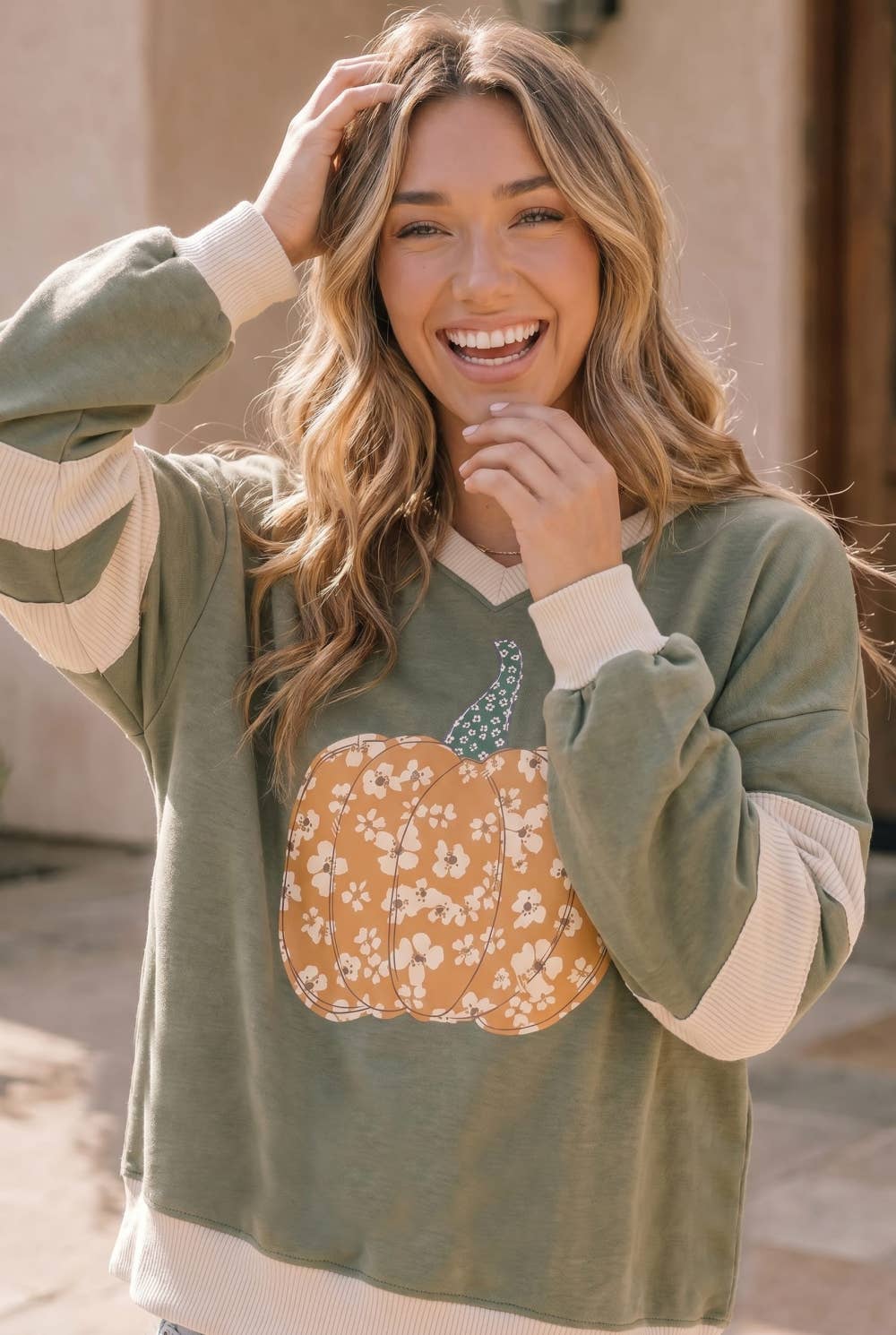 Floral Pumpkin V Neck Sweatshirt