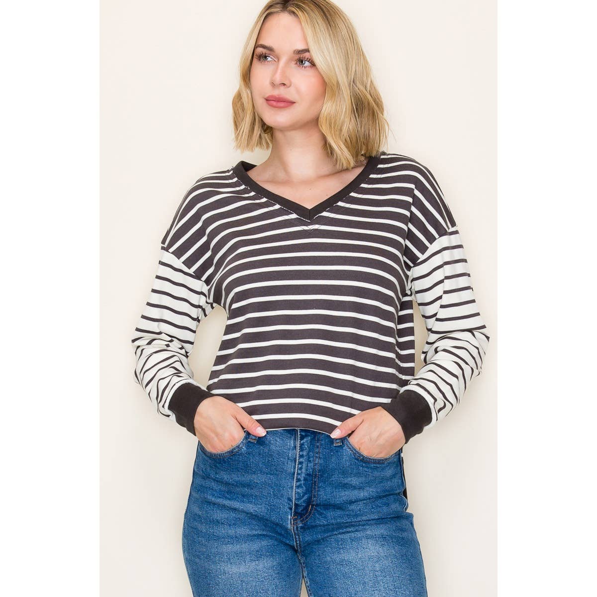 V-Neck Top – Striped, Colorblocked French Terry Long Sleeve Pullover