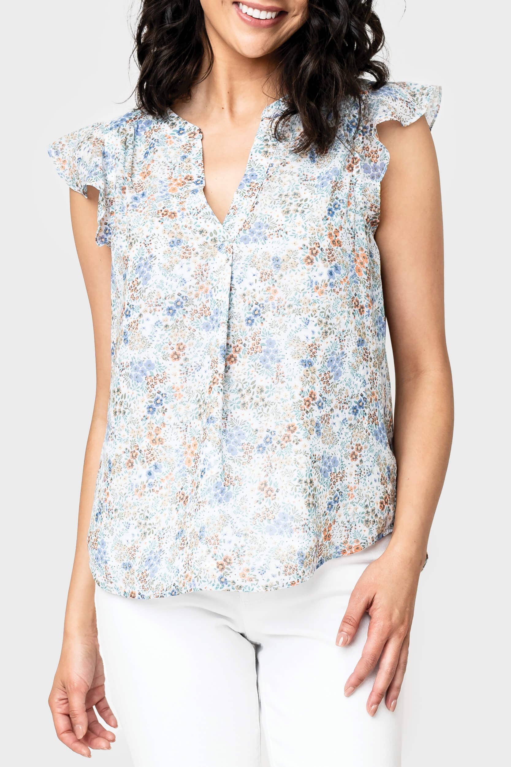 Field Of Flowers Notch Neck Flutter Sleeve Blouse (ALSO IN CURVY) Fall-Winter Gibsonlook