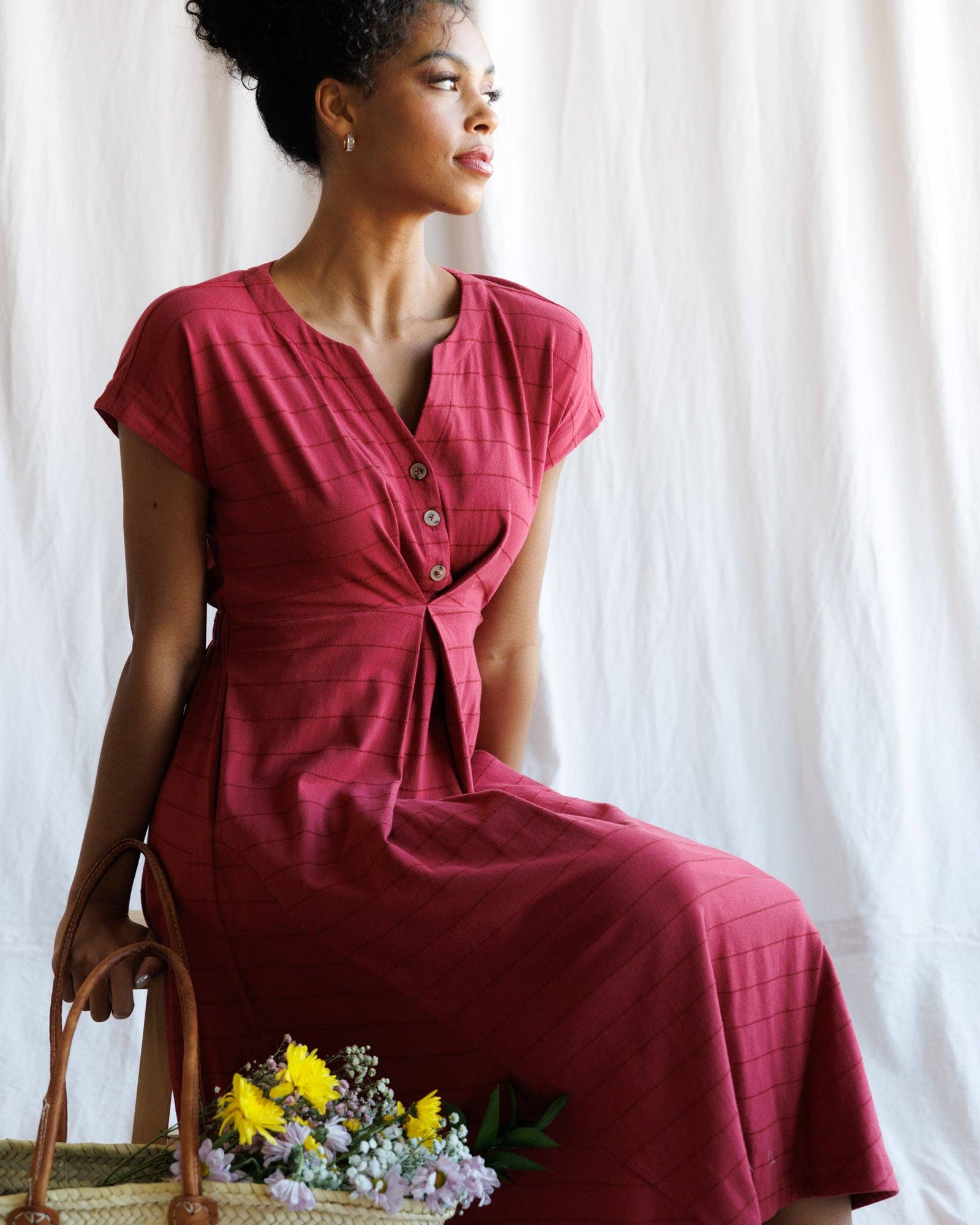 Downeast - Red Short Sleeve Inverted Pleat Midi Length Knit Dress