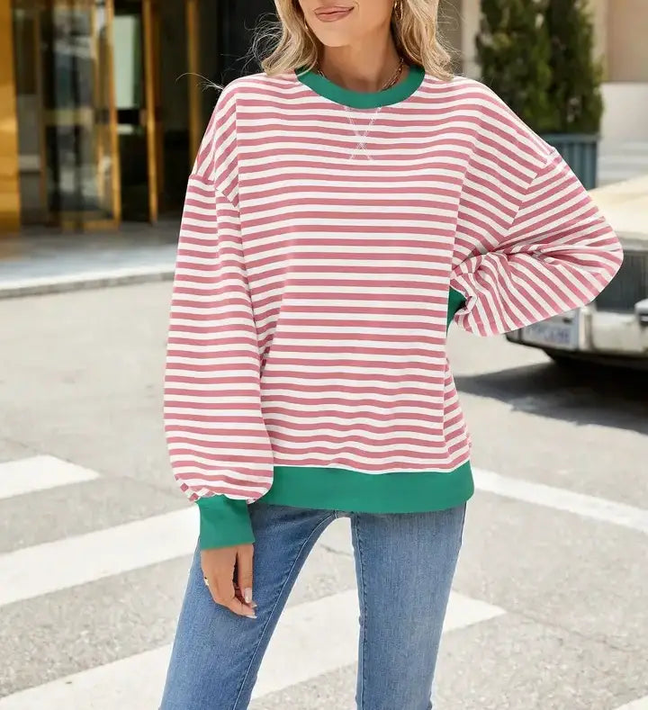 Striped Crew Neck Contrast Color Loose Long Sleeve Sweater