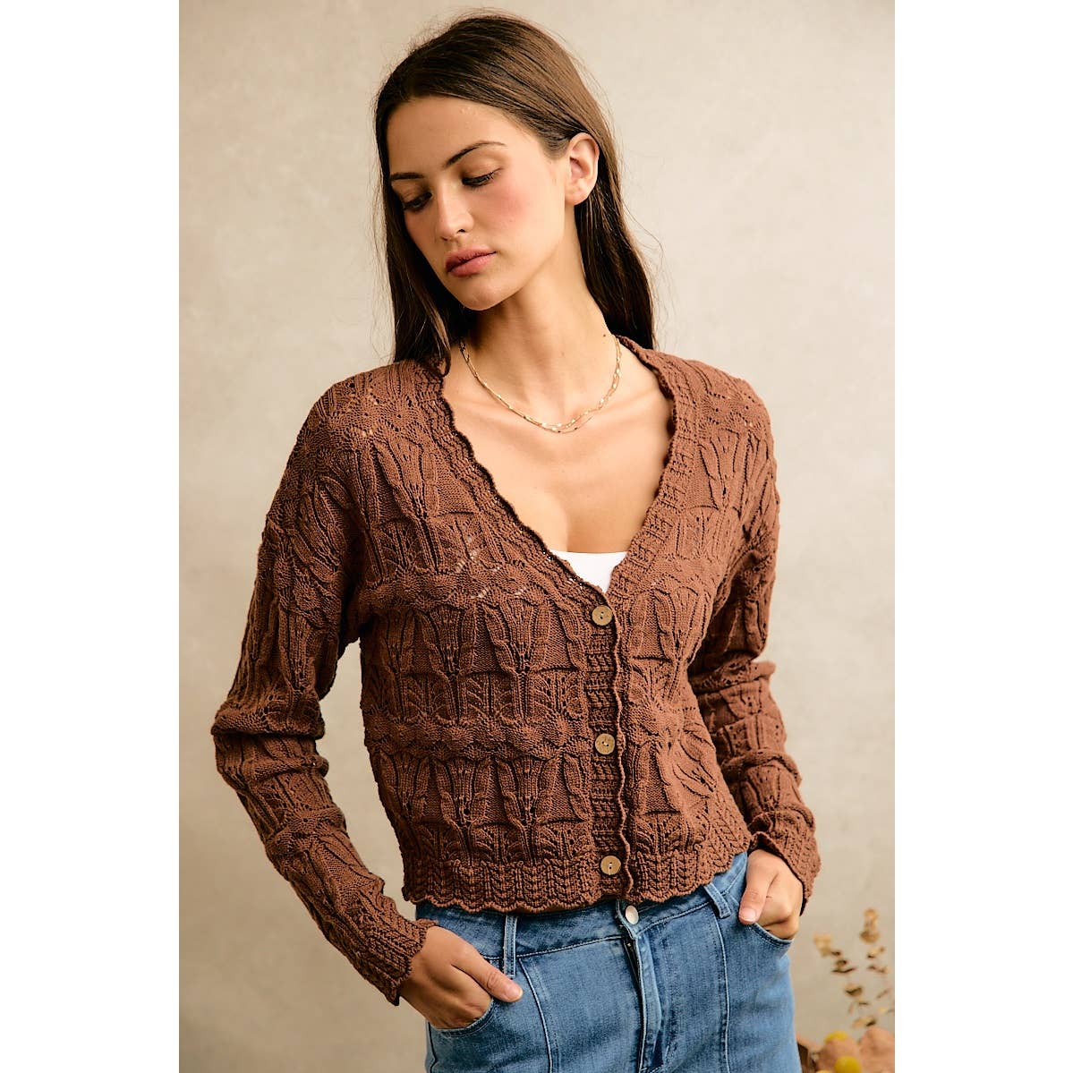 Textured Scallop Edge Button Cardigan Sweater