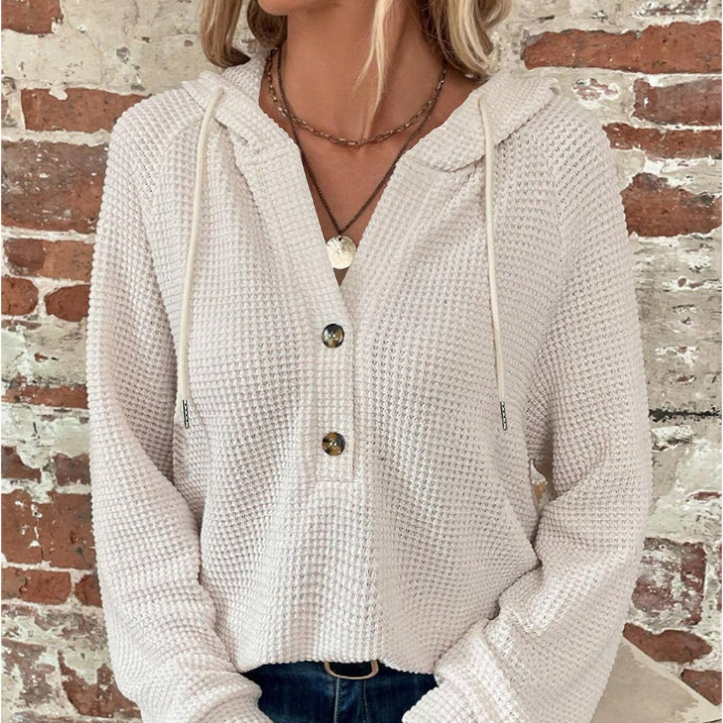 Waffle Knit Hoodie | Solid Color Button-Up Pullover XS–XXL