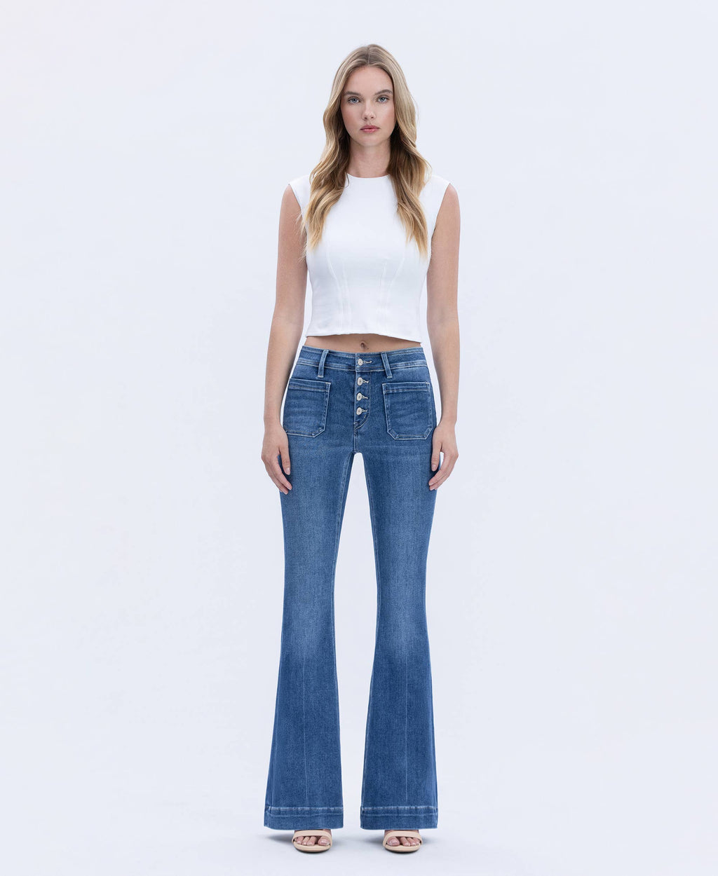 MID RISE BUTTON FLY TROUSER HEM FLARE JEANS