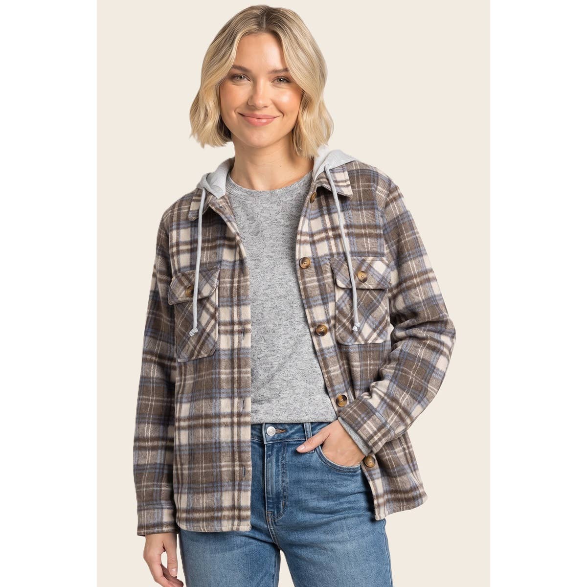 TERRY HOODED BRUSHED PLAID SHACKET