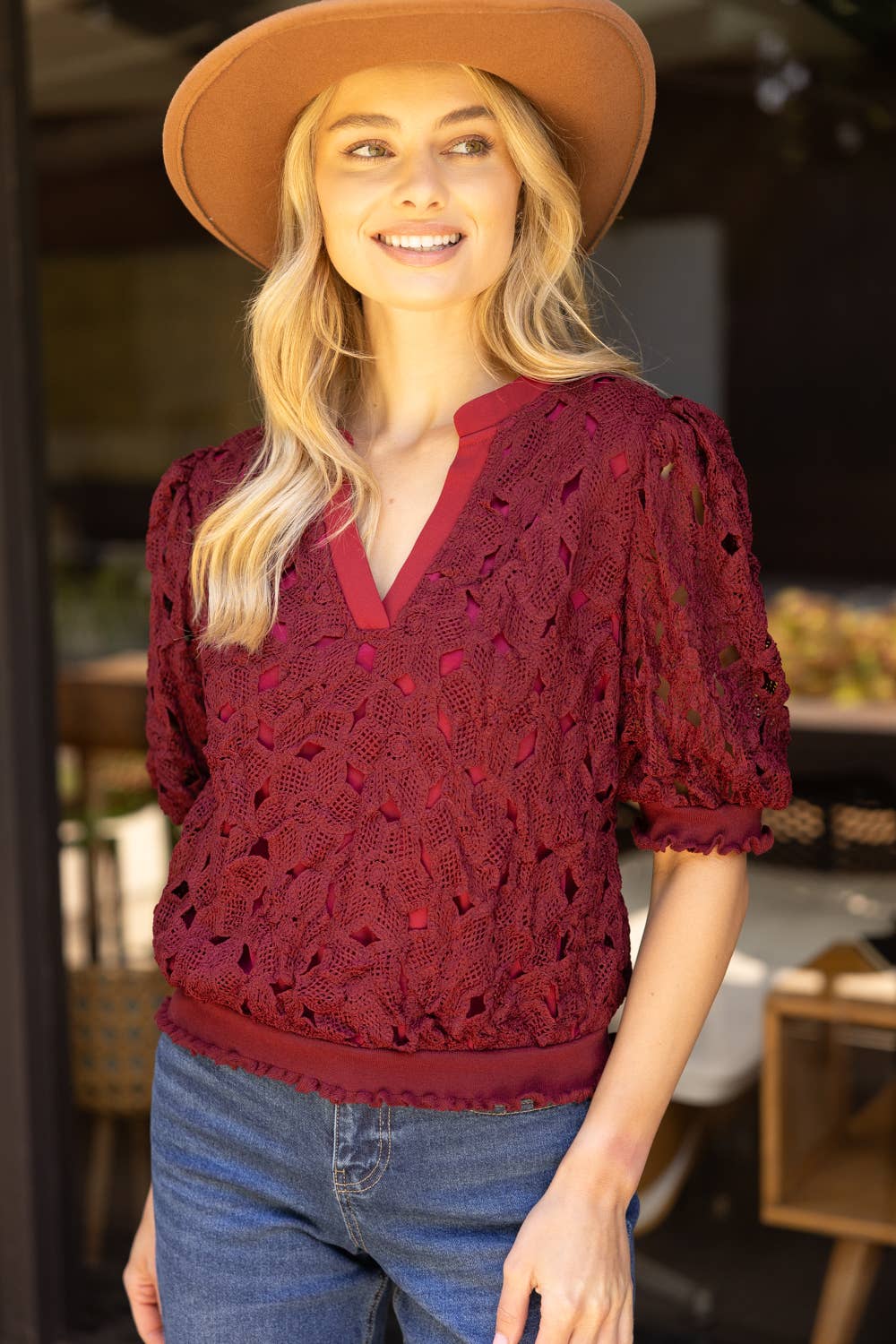 VOY - 35912 Elastic Band Detailed Floral Crochet Top VOY