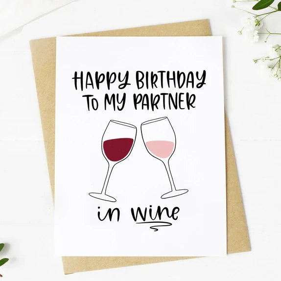 Big Mood Cards happy birthday greeting card with hand-drawn wine glasses and kraft envelope on white background