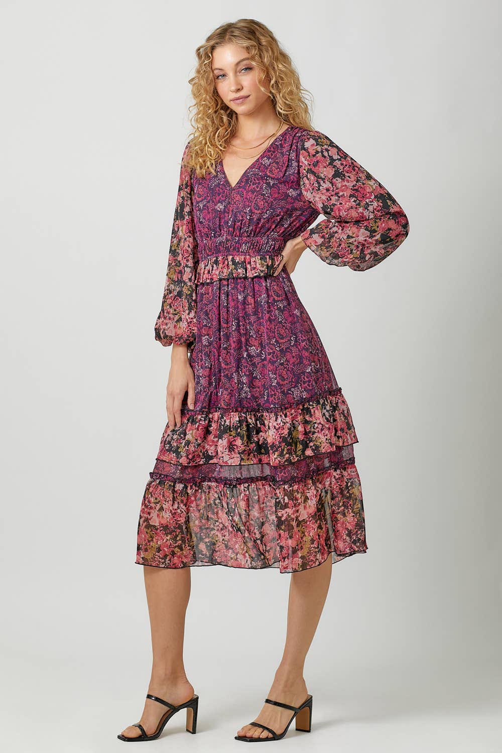 Burgundy Print Mix Floral Midi Dress Fall-Winter Mystree