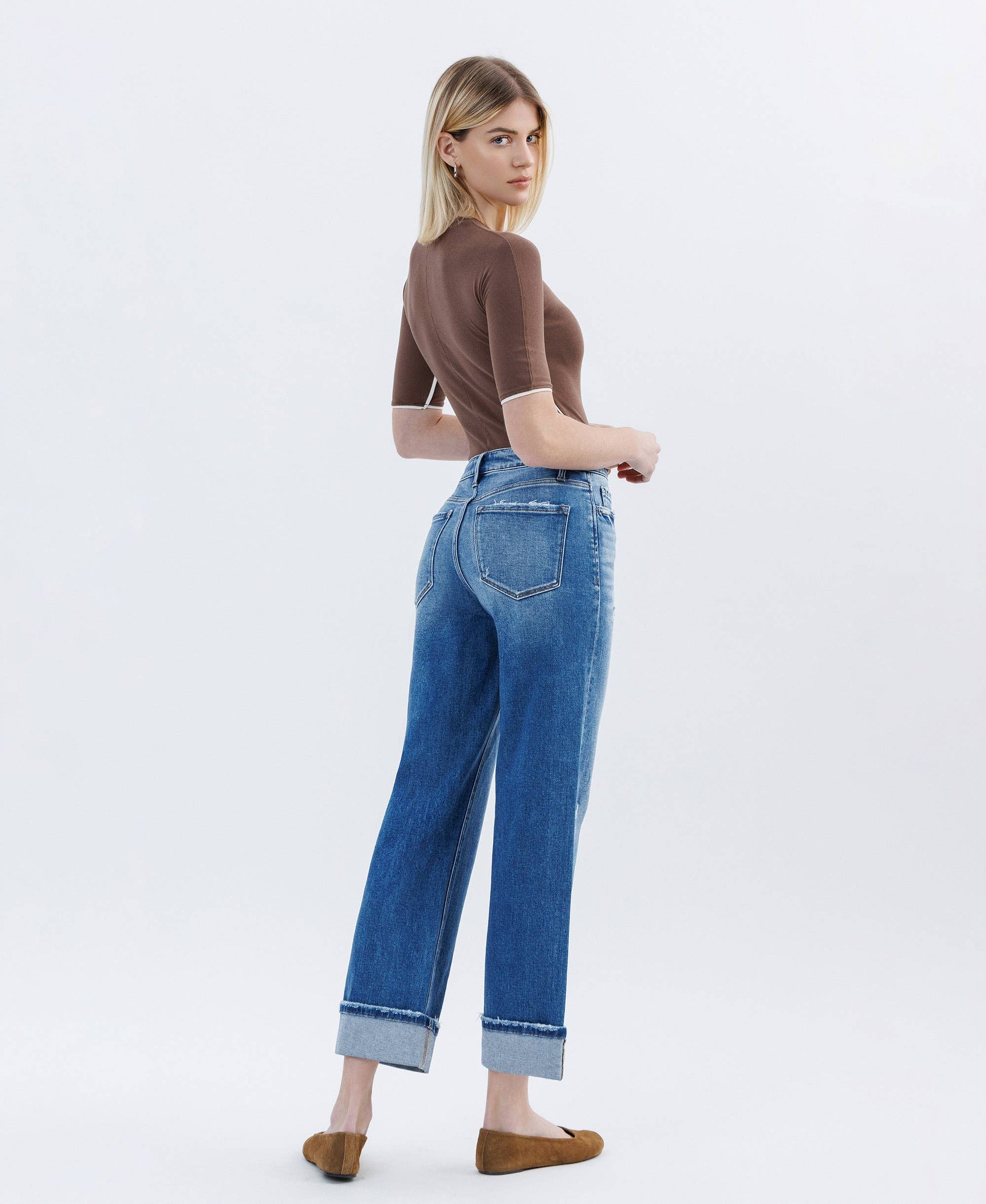 HIGH RISE CUFFED SLIM WIDE LEG JEANS FLYING MONKEY