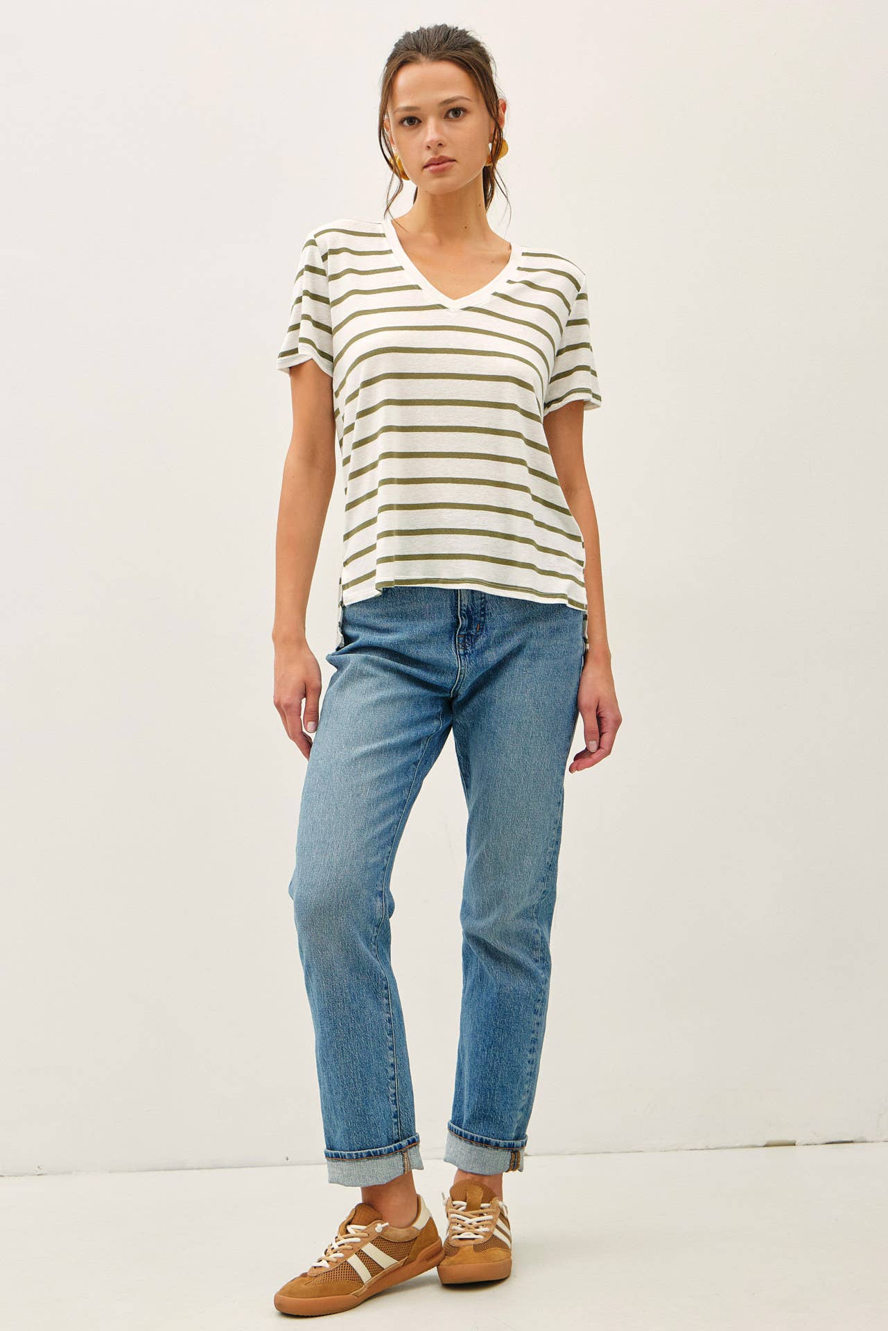 COTTON LINEN BLEND RELAXED FIT STRIPED T-SHIRT