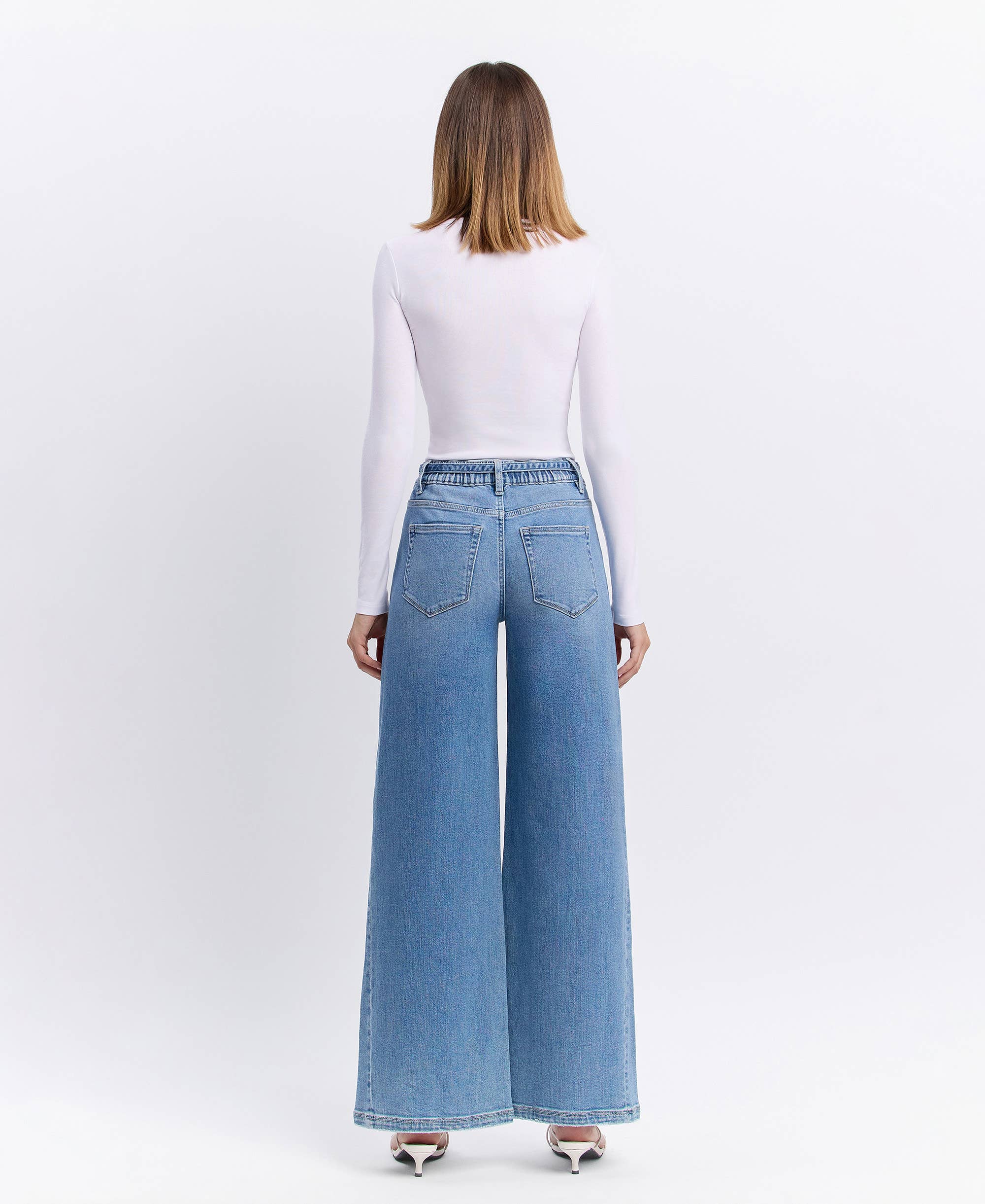 HIGH RISE ELASTIC TIE WAISTBAND BAGGY WIDE JEANS