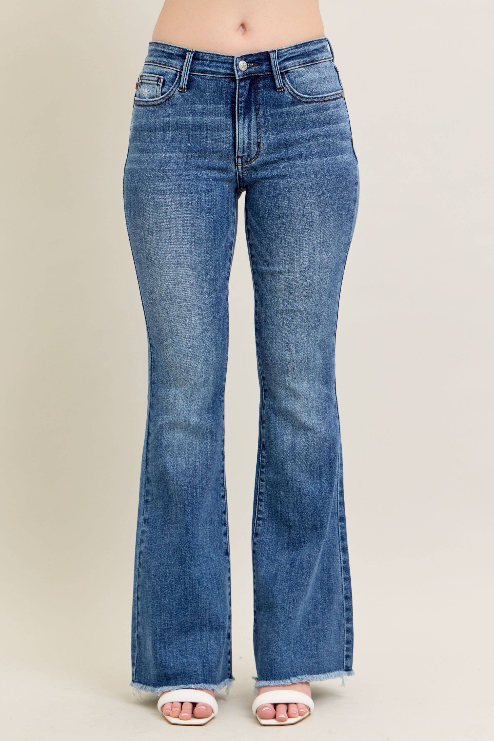 Mid Rise Vintage Wash Flare w/ Distressed and Fray Hem