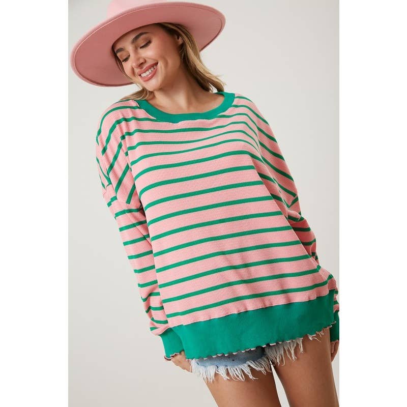 Oversized Pink and Green  Stripe Knit Top Spring-Summer STYLE USA