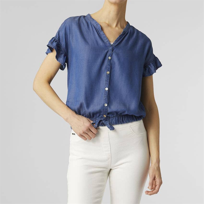 Tanner Ruffle Sleeve Chambray Top: Medium Denim Spring-Summer COCO + CARMEN