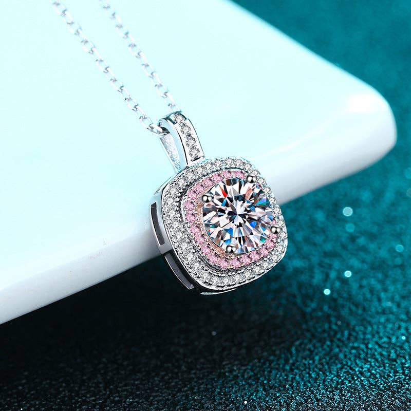 Pink Moissanite Halo Charm Necklace in 925 Sterling Silver Core Perimade & Co. LLC