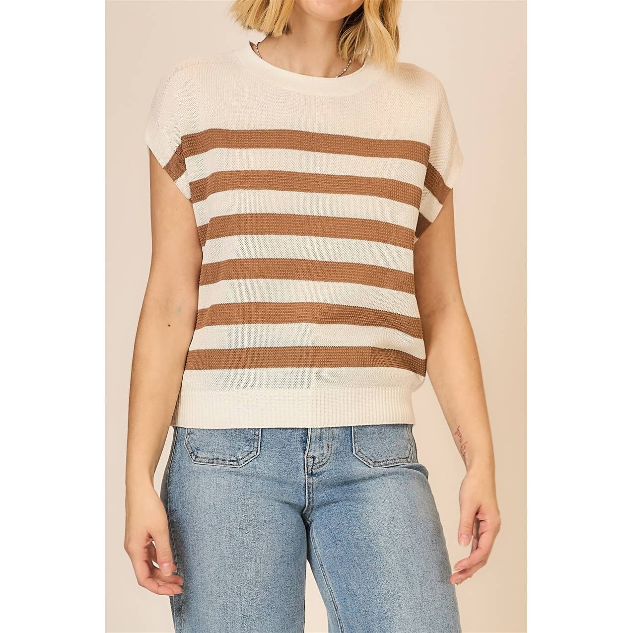 Light Knit Striped Short Sleeve Top