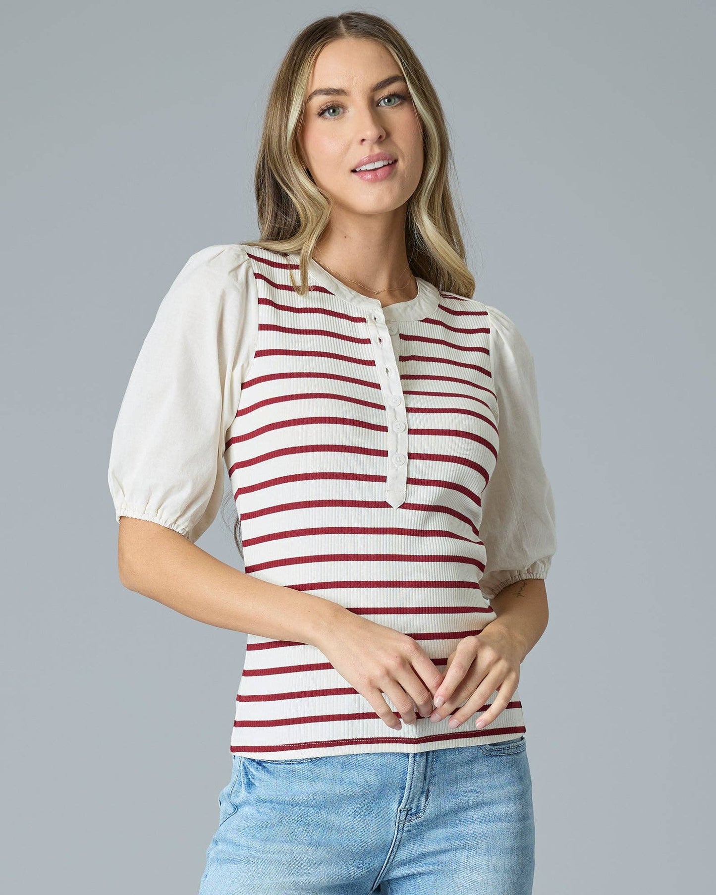 Tomato Stripe Puff Sleeve Henley Top Fall-Winter Downeast