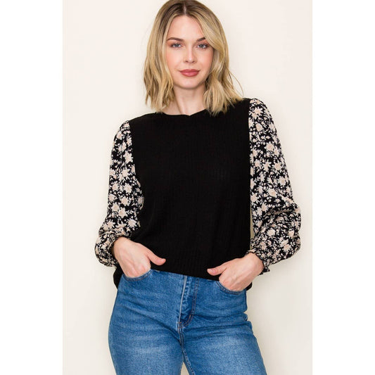 FLORAL SLEEVE SMOCKED CUFF PULLOVER TOP STACCATO