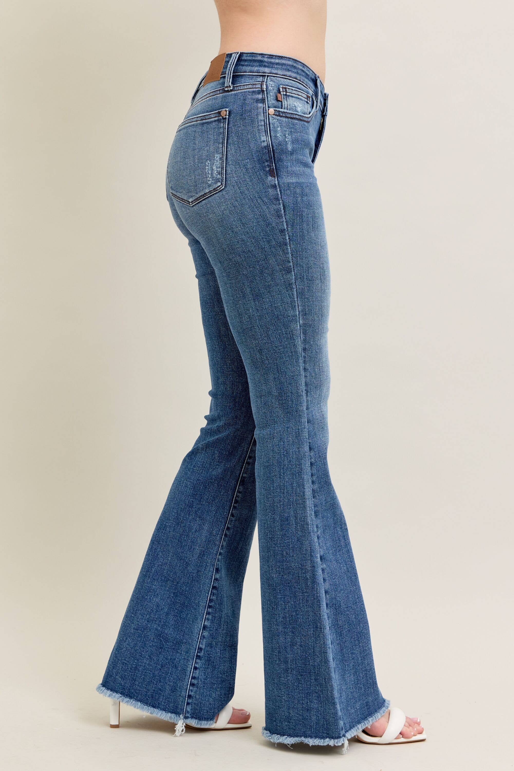Mid Rise Vintage Wash Flare w/ Distressed and Fray Hem