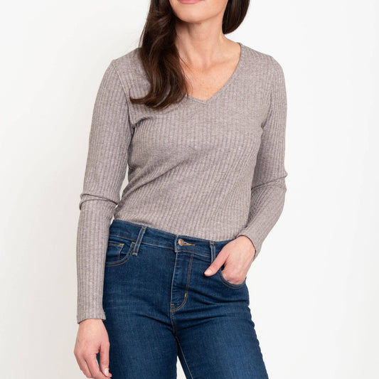 Elsie & Zoey - Alba Oatmeal Ribbed Long Sleeve Top