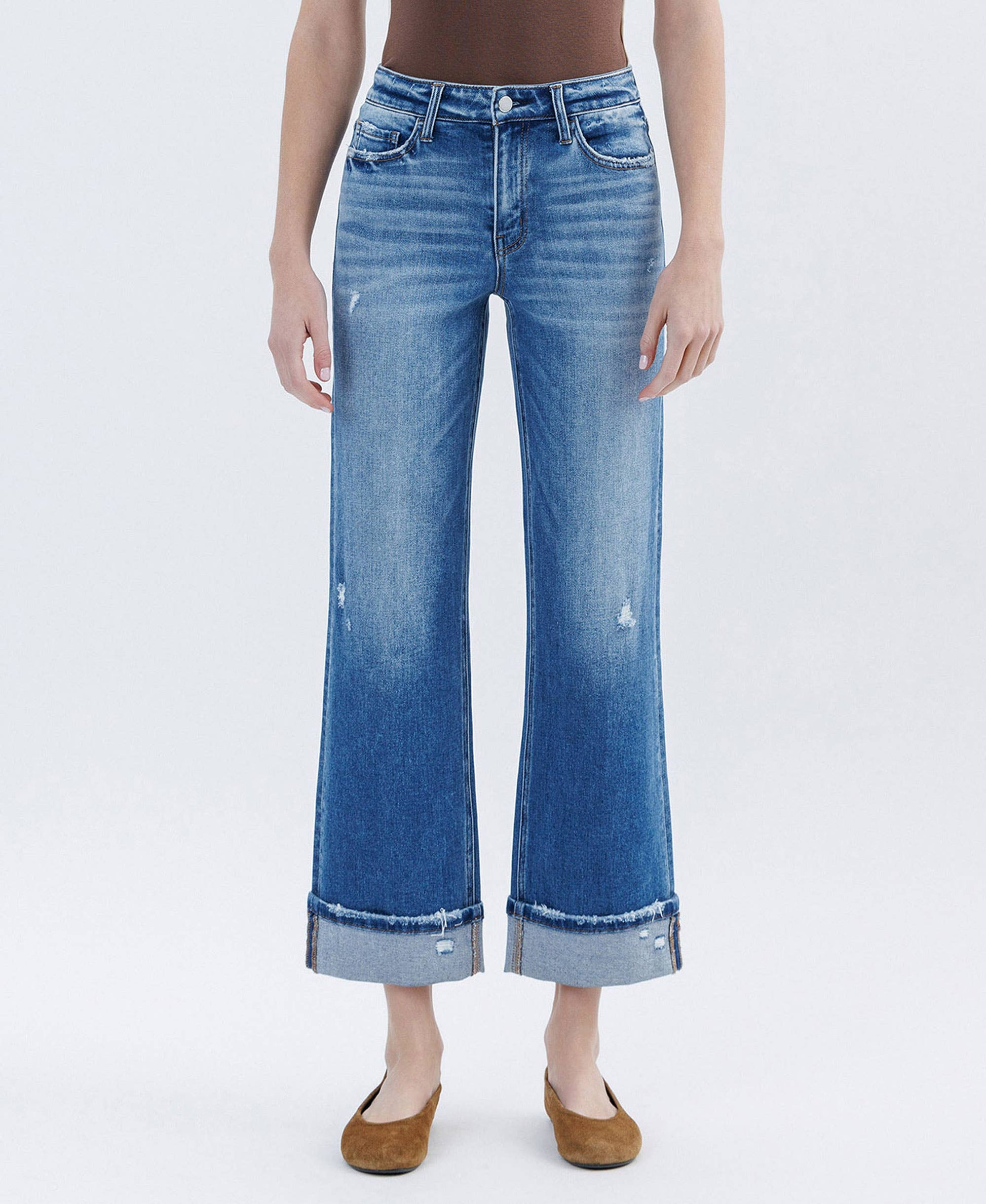 HIGH RISE CUFFED SLIM WIDE LEG JEANS FLYING MONKEY