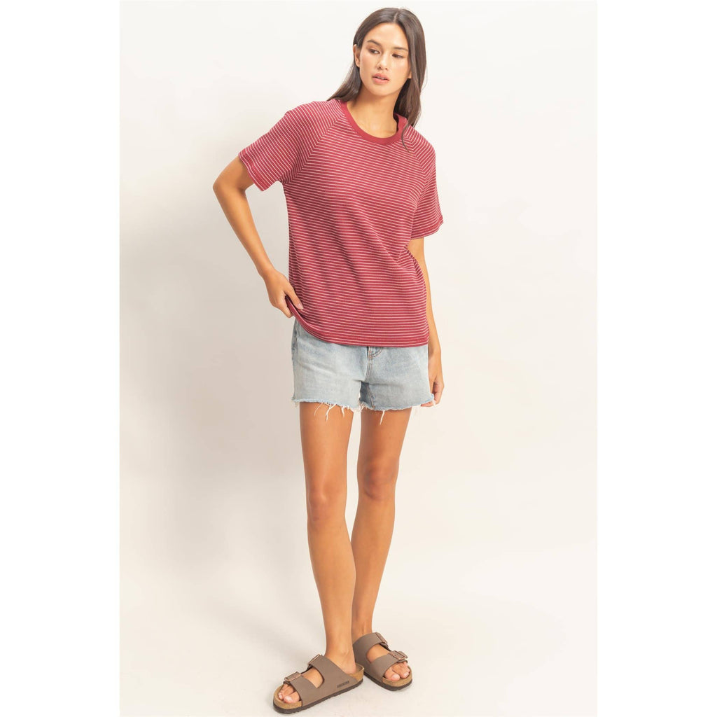 Textured Striped Raglan Sleeve Tee