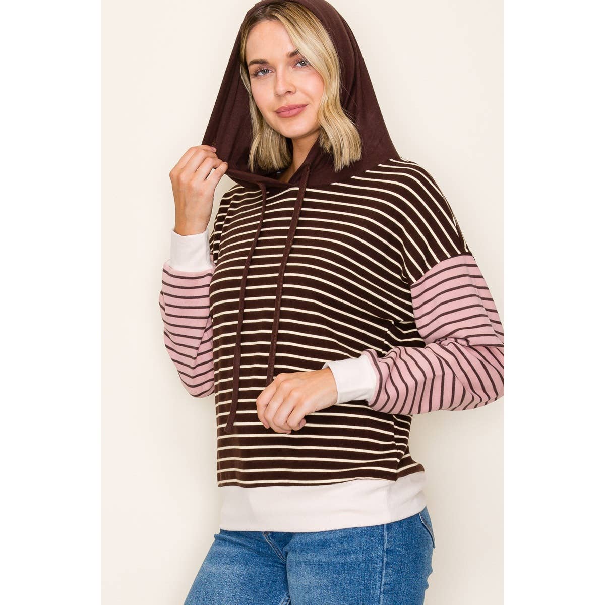 COLOR BLOCKED STRIPE HOODIE TOP