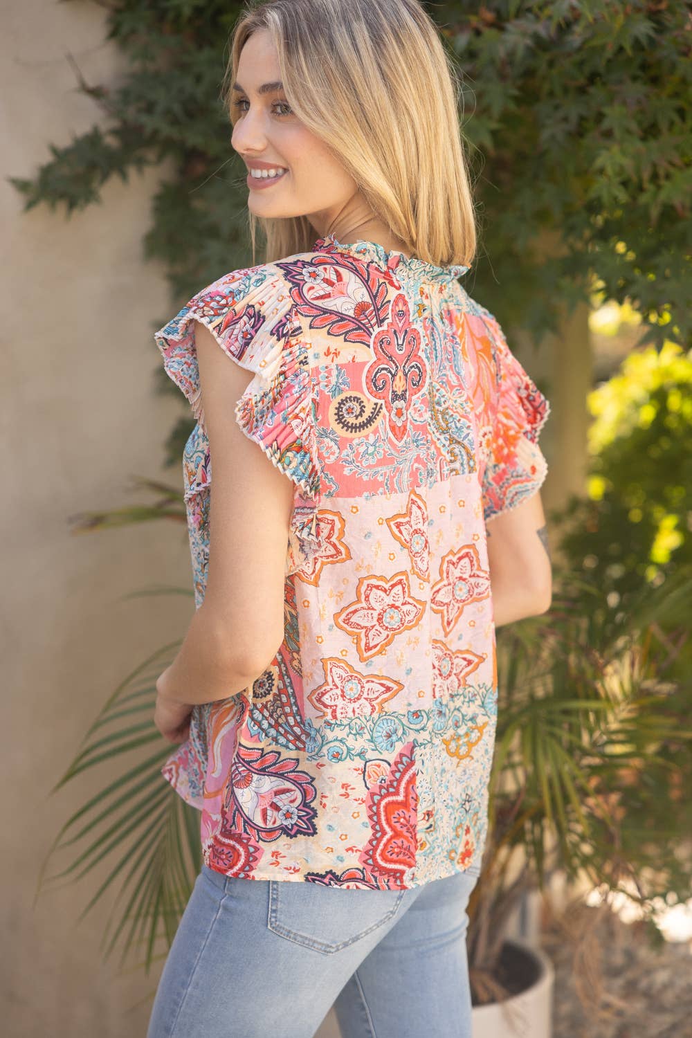 Pink Pleated Sleeve Mixed Paisley Print Button Up Top VOY