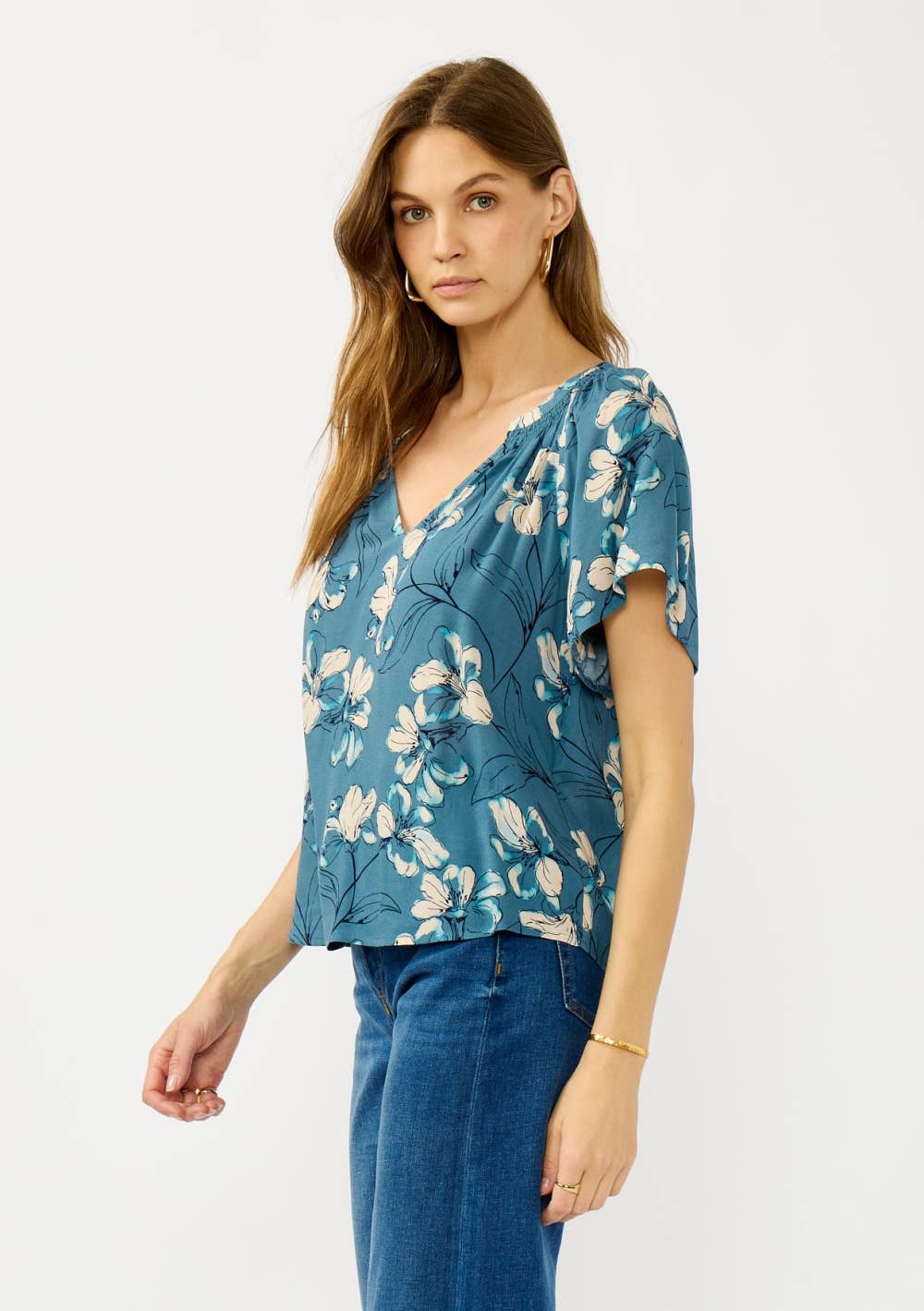 Floral Blouse - Teal Smocked Split-Neck Short Sleeve | 100% Rayon