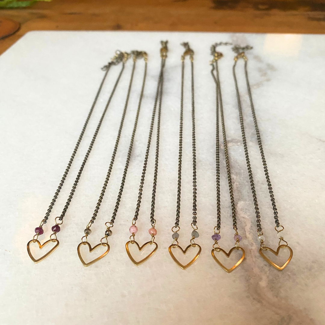 Heart Necklace | Semi-Precious Stones + Brass Charms