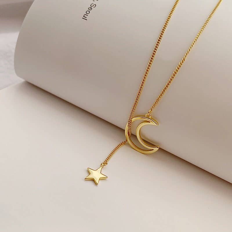 Gold Moon Star Charm Lariat Y Necklace Core Perimade & Co. LLC