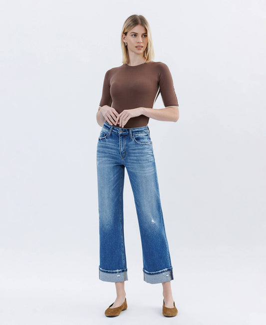HIGH RISE CUFFED SLIM WIDE LEG JEANS FLYING MONKEY